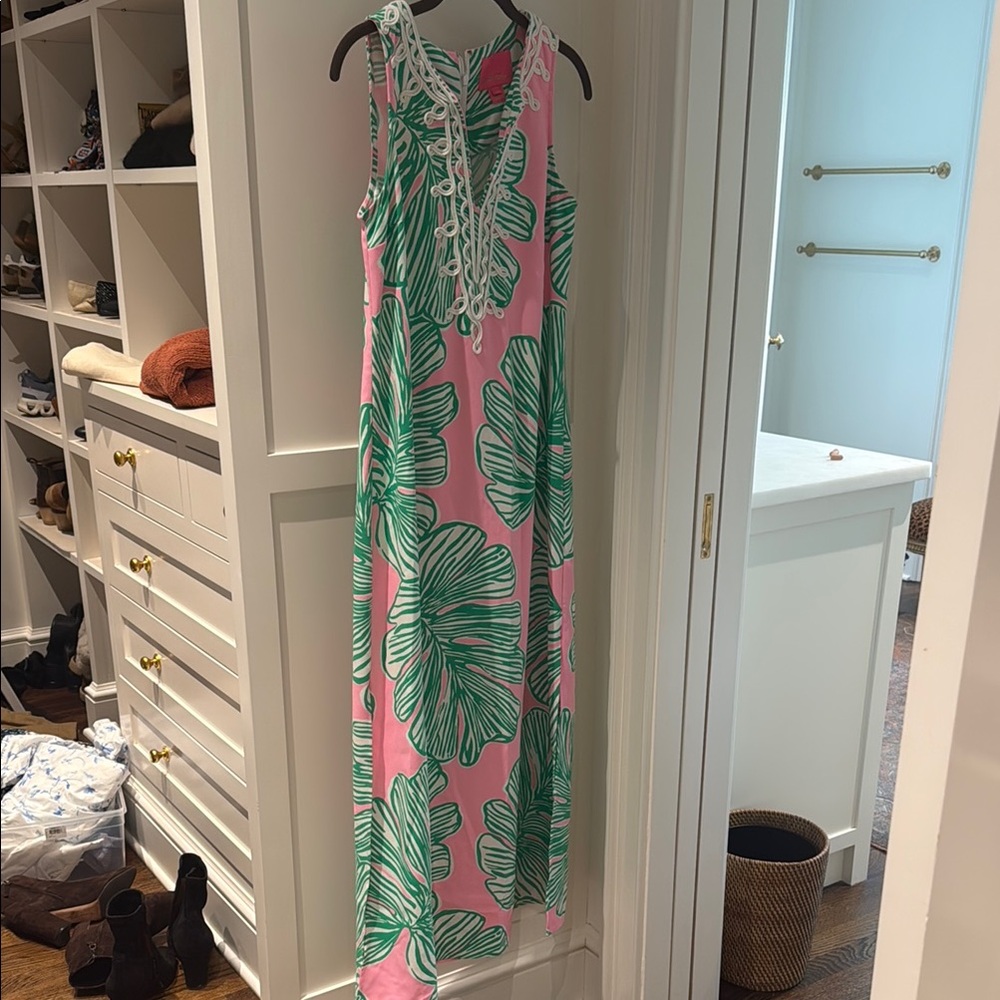 Pink Maxi Dress with Green Leaf Print